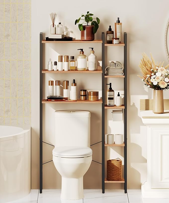 HOOBRO Over The Toilet Storage, 8-Tier Bathroom Organizer Over Toilet Shelf, Storage Rack Above Toilet Stand, Freestanding Space Saver, Toilet Paper Holder, Rustic Brown and Black BF86TS01