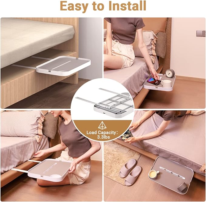 KIWIFOTOS 17" Bedside Shelf for Bed Bedside Table Under Mattress Nightstand Organizer Bedside Storage Rack Bedside Tray for Box Spring/Plate/Platform/Dorm Bed