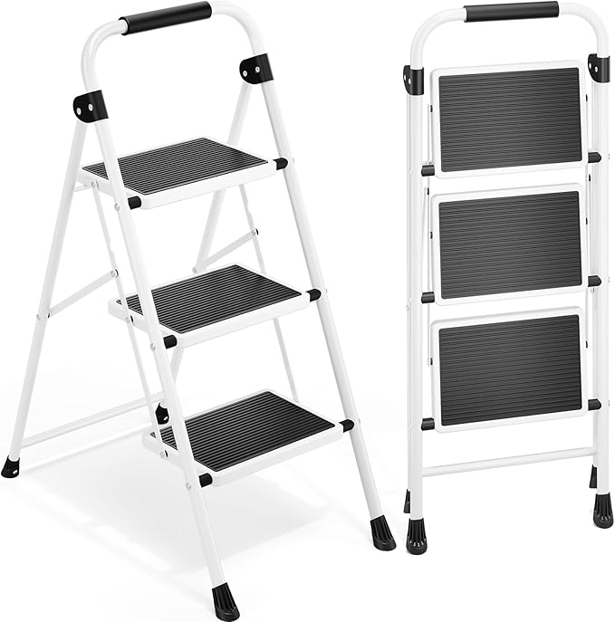 Urackify Step Ladder, 3 Step Ladder with Anti-Slip and Wide Pedal, Portable Foldable Step Stool with Handgrip, Sturdy Step Ladder for Home Kitchen Household, White