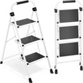 Urackify Step Ladder, 3 Step Ladder with Anti-Slip and Wide Pedal, Portable Foldable Step Stool with Handgrip, Sturdy Step Ladder for Home Kitchen Household, White