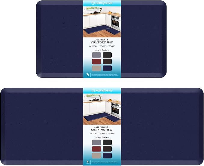 HappyTrends 2 PCS Kitchen Mat Cushioned Anti-Fatigue Floor Mat, Heavy Duty Ergonomic Comfort Foam Standing Mat,20"x30"+20"x47",Navy
