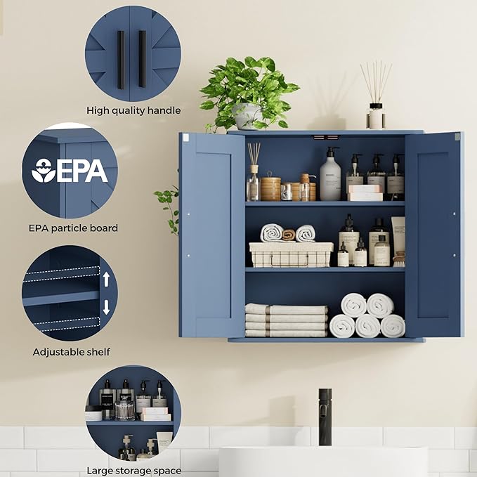 Homleke Bathroom Wall Cabinet, Over Toilet Storage Cabinet with Barn Doors and Adjustable Shelves, 3-Tier Medicine Cabinet Wall Mounted, for Bathroom, Kitchen, Entryway, Laundry Room, Blue, (7.9" D)