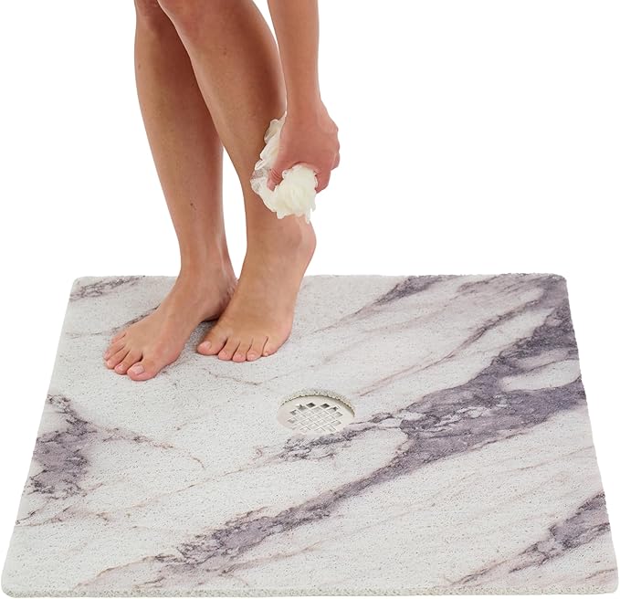 Enkosi Loofah Shower Mat with Drain Hole – Cushioned Anti-Slip Square Bath Mat for Showers, Wet Bathroom Floors – Textured PVC, Secure Non Slip Safety Pad for Walk-in Stalls (27x27 Marble Grey)