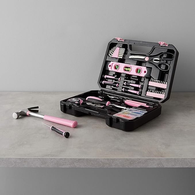 Amazon Basics 142-Piece Household Tool Kit for Home Repair, Hand Tools with Storage Case, 13.39 x 9.25 x 2.95 inch, Pink