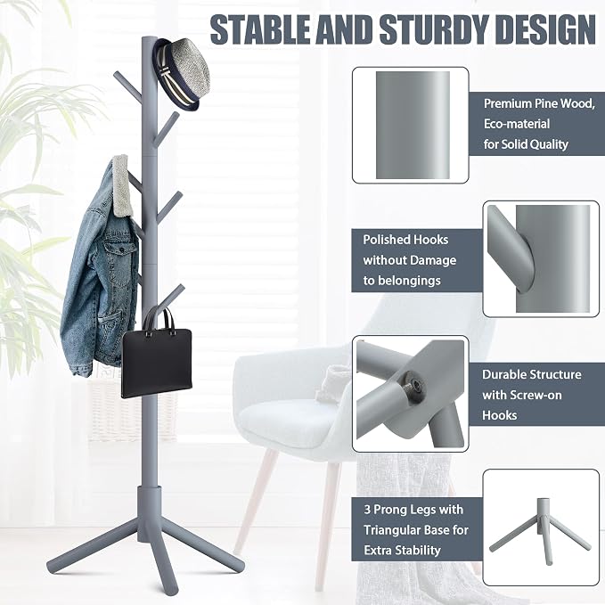 Haddockway Wooden Coat Rack Stand with 8 Hooks New Zealand Pine 3 Adjustable Coat Standing Tree Easy Assembly for Coats, Hats, Scarves and Handbags for Entryway, Hallway, Bedroom, Office