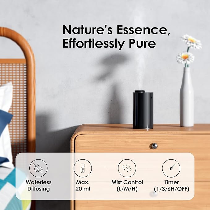 Airversa Waterless Diffuser for Essential Oil, Car Diffsuer, Battery Operated Nebulizer, 0.7 Fl Oz/ 20mL, Mini Scent Air Machine, 3 Timers & 3 Mist Levels for Home, Room, Office - AN6 + Extra Nozzle