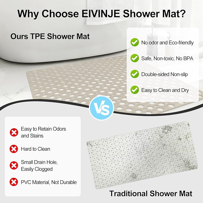Anti Slip Shower Mat with Suction Cups,27x27 Inch Quick Drain TPE Non Slip Shower Mats for Inside Shower,Large Bath Mat for Shower Soft on Feet, Easy to Dry&Cut Machine Washable
