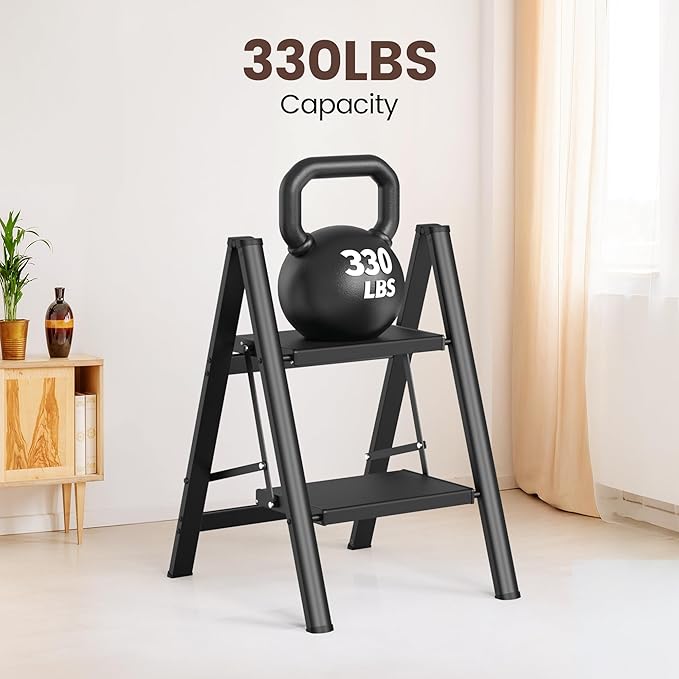 HBTower Step Ladder,Lightweight Aluminum Folding Step Stool with Anti-Slip Wide Pedal,330lbs Capacity Step Ladder for Household,Kitchen,Office - Black