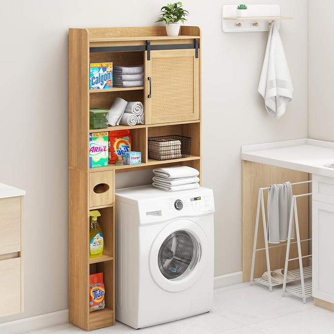 Vabches Over The Toilet Storage Cabinet, Farmhouse Rattan Storage Cabinet Over Toilet with Sliding Doors & Toilet Paper Holder Stand, Home Space-Saving Toilet Rack, for Bathroom, Laundry(Rattan Oak).