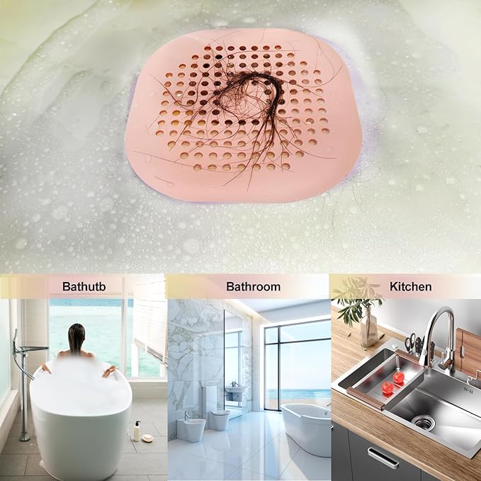 Hair Drain Catcher,Square Drain Cover for Shower Silicone Hair Stopper with Suction Cup,Easy to Install Suit for Bathroom,Bathtub,Kitchen 2 Pack (Pink)