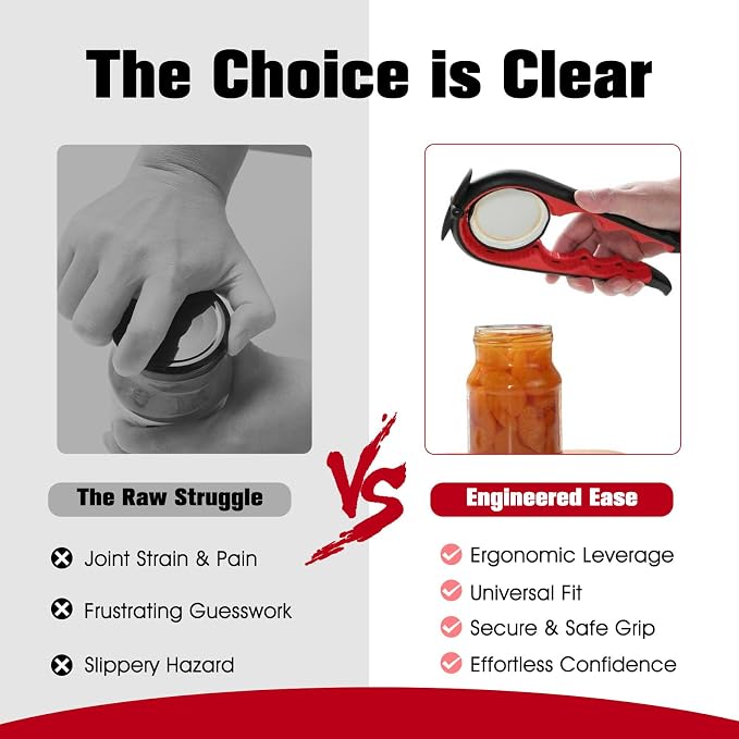 Jar Opener Bottle Opener, 5-in-1 Multi-Function Can Opener with Ergonomic Non-Slip Handle, Kitchen Tool Set for Weak Hands, Seniors with Arthritis, Red