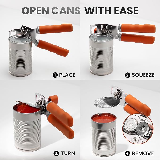 Zulay Kitchen Heavy Duty Stainless Steel Can Opener Manual with Bottle Opener - Rust Proof Manual Can Opener With Turn Knob & Comfy Soft Grip Handles - Orange