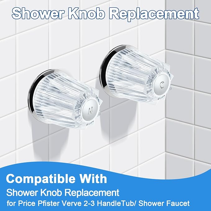 2 Piece Shower Knob Replacement and Flange Base, Clear Acrylic Plastic Hot and Cold Shower Knob Compatible with Price Pfister Contessa and Windsor Bathtub Shower Faucet Handle