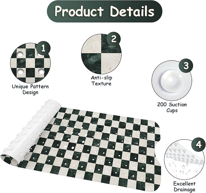 Bathtub Mat Non Slip, Checkered Extra Long Bath tub Mat Shower Floor Mat with Suction Cups and Drain Holes for Adults Kids Elderly 40 X 16 Inch