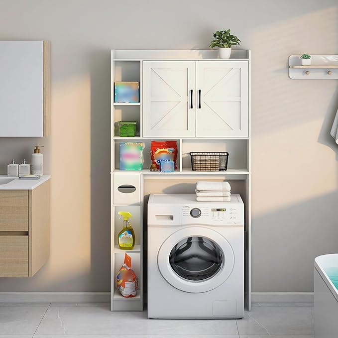 Vabches Over The Toilet Storage Cabinet, Farmhouse Storage Cabinet Over Toilet with 2 Barn Door & Toilet Paper Holder Stand，Home Space-Saving Toilet Rack, for Bathroom, Restroom, Laundry