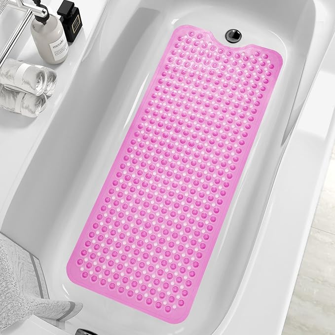 ZHICHENG Bath Tub and Shower Mats, Non-Slip 39 x 16 Inch Extra Long Bath Mat, Machine Washable Bathtub Mat with Drain Holes, Suction Cups for Bathroom (Color Red)