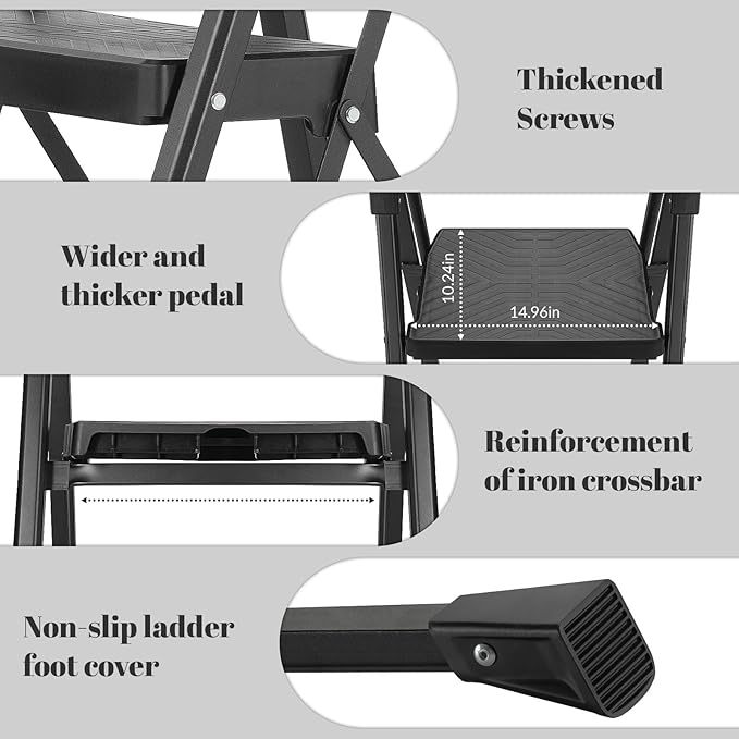 XinSunho 4 Step Ladder, Foldable Handrail & Tool Tray Stool Ladders with Anti-Slip Wide Pedal, 660 lbs Sturdy Steel Ladder for Home Kitchen and Outdoor