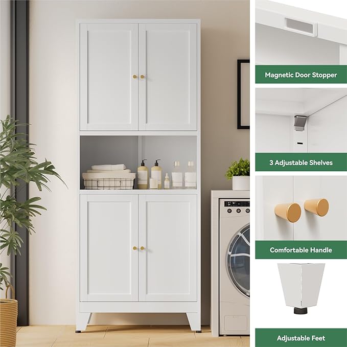 Bevivog 69" Tall Pantry Cabinet, Metal Kitchen Storage Cabinet with 4 Doors and 5 Shelves, Freestanding Metal Pantries Cupboard with Microwave Shelf for Kitchen,Dining Room,Bathroom,Laundry