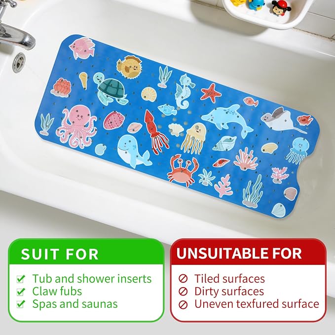 Bath Tub Shower Mat Non Slip Kids Bathtub Mat Anti Slip Baby Bath Mat for Tub 40 x 16 Inch Extra Long Toddler Bath Mat with Suction Cups and Drain Holes for Bathroom Floor,Machine Washable,Octopus