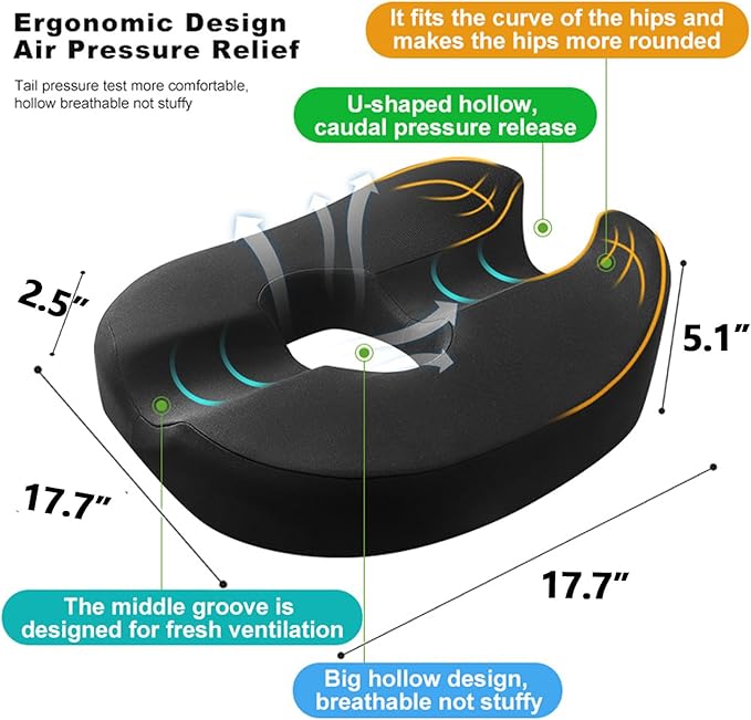 Donut Pillow Coccyx Seat Cushion for Prostate, Sciatica, Pelvic Floor, Pressure Sores, Pregnancy, Perineal Surgery, Postpartum Recovery Pain Pressure Relief Memory Foam Chair Pad