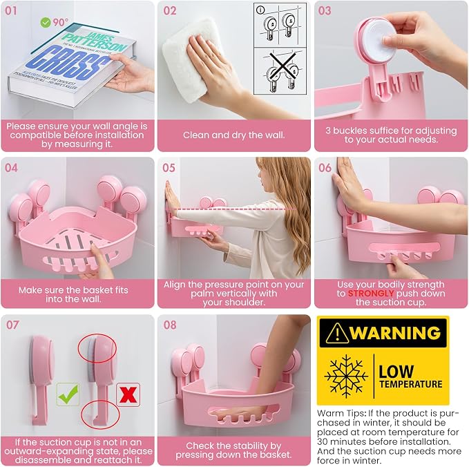 TAILI Suction Corner Shower Caddy, Bathroom Shelf Storage Basket Wall Mounted Organizer for Shampoo, Conditioner, Plastic Rack for Kitchen and Bathroom, Drill-Free Removable (2 Pack)-PINK