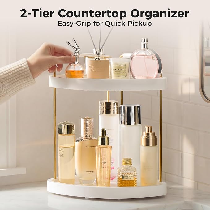 Vtopmart 2-Tier Bathroom Corner Countertop Organizer, Vanity Dresser Counter Tray Shelf for Skincare, Perfume, Makeup, Gold