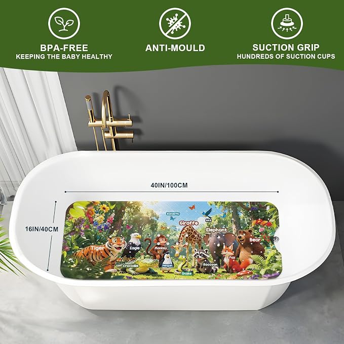 Bath Tub Mat Non Slip Bath Mat Shower Mat for Baby Adults, BPA Free Extra Long Bathtub Mat, 40x16 Inches Eco-Friendly Kids Bath Mats with Suction Cups and Drain Holes, Machine Washable,Animals