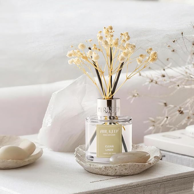 Airkeep Reed Diffuser Set,1.69 fl oz (50 ml) - Clean Linen Oil Diffusers with 8 Reed Sticks,Home Fragrance Reed Diffuser for Bathroom Shelf Decor
