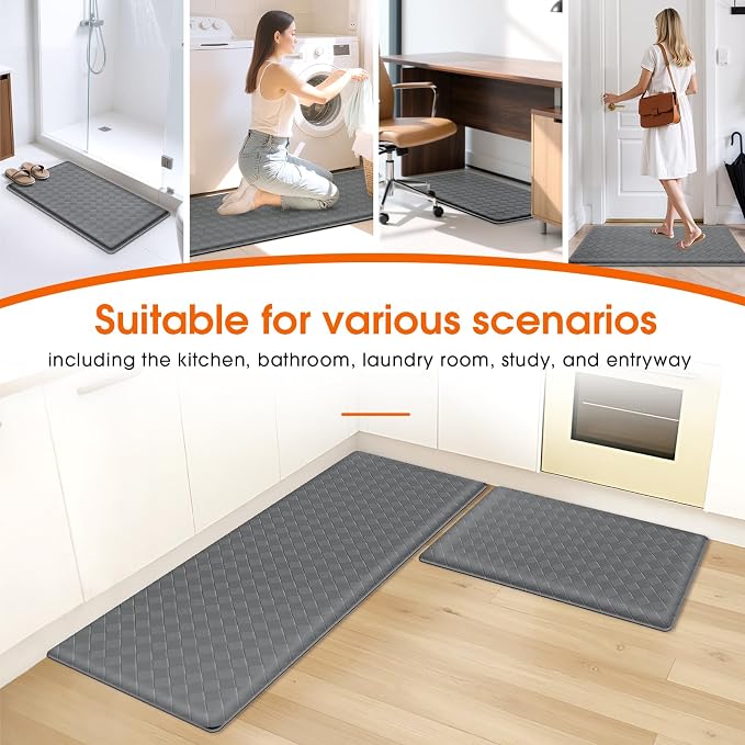 TranquilRelax Kitchen Mats, 2PCS Kitchen Rugs, Cushioned Anti Fatigue Kitchen Mats for Floor, Non-Slip Standing Sink Mat, Waterproof Kitchen Rug Set for Kitchen Floor Office,17.3"×30"+17.3"×47" Grey