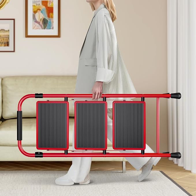 KINGRACK Step Ladder, Folding Ladder with Non-Slip and Wide Pedal, Small Ladder with Handle, Heavy Duty Steel Stool, Lightweight Step Ladder (Red, 3 Step Stool)