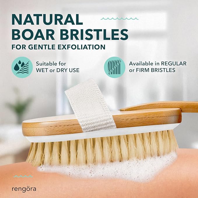 Back Scrubber for Shower - 20" Long Handle Shower Brush - Natural Bristle Back Brush - Ergonomic Handle + Silicone Anti-Slip Grip - Great Gift Idea - Men, Women + Seniors Love This (Regular Bristles)