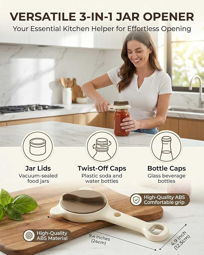 Jar Opener – 4-in-1 Adjustable Stainless Steel Secure Grip Lid Remover for Jars, Bottles & Cans, Multifunctional Kitchen Tool