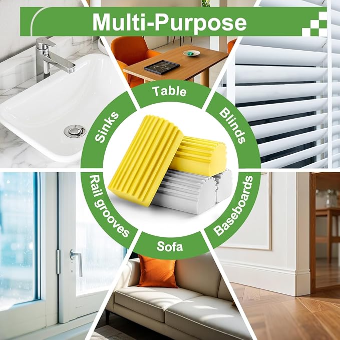 Jeymei 4-Pack Damp Clean Duster Sponge, Sponge Cleaning Brush, Duster for Cleaning Blinds, Glass, Baseboards, Vents, Railings, Mirrors, Window Track Grooves and Faucets, Gray and Yellow