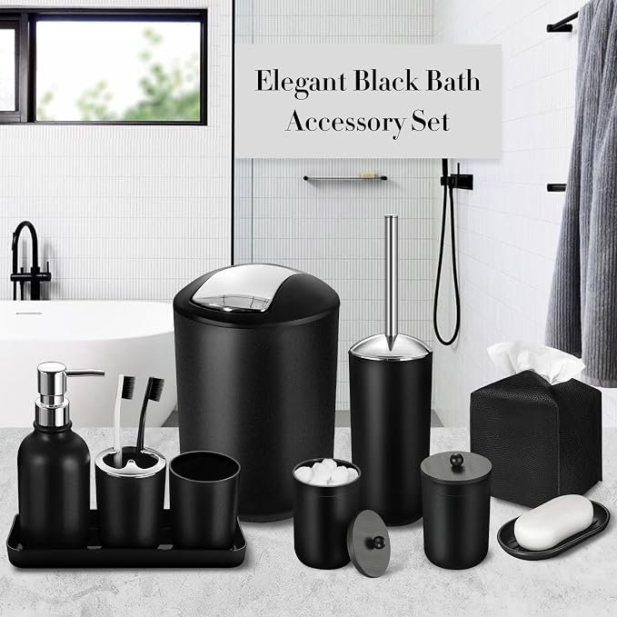 Black Bathroom Accessories Set, 10Pcs Bathroom Accessory Set with Trash Can, Soap Dispenser and Toothbrush Holder, Soap Dish, Cotton Ball & Qtip Holder, Toilet Brush Holder, Tissue Box Cover