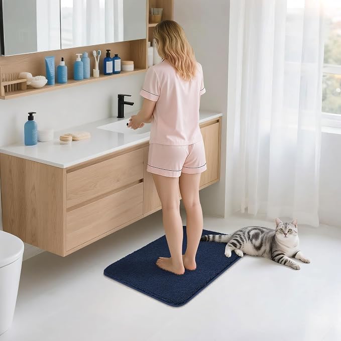 COSY HOMEER Extra Thick Bath Rugs for Bathroom - Anti-Slip Bath Mats Soft Plush Yarn Shaggy 100% Strong Mirco Polyeste Mat Living Room Bedroom Mat Floor Water Absorbent(Navy,16x24 - Inches)