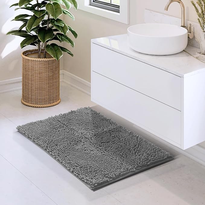 Hearth & Harbor Bathroom Rugs, Chenille Bath Mat - Machine Washable Bath Mats for Bathroom Non-Slip Backing Rubber, Quick Dry Bathroom Mat, 17 x 24 - Frost Grey
