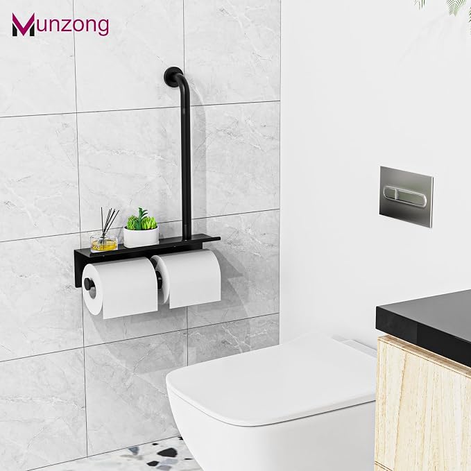 Bathroom Grab Bar with Shower Shelves,Munzong Black Toilet Paper Holder 3 in 1 Bathroom Organizers and Storage, Anti Slip Stainless Steel Safety Hand Rail for Handicap Elderly Senior Assist