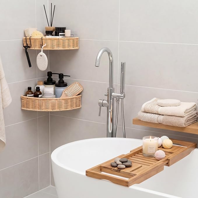 GRANNY SAYS 2 Pack Wicker Corner Shower Caddy Hanging, Shower Shelf for Inside Showers, Adhesive Shelves for Bathroom Organizers and Storage, Bathroom Shelves Wall Mounted for Home Decor, Natural