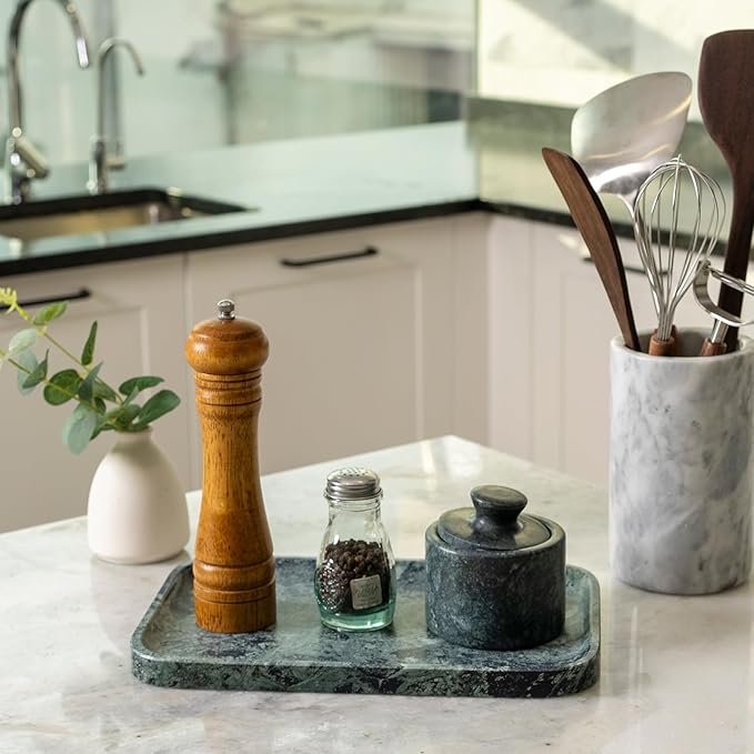 Koville Marble Tray, 12"x8" Marble Vanity Tray for Countertop Bathroom Kitchen Dresser, Decorative Catchall Trays for Perfume Jewelry, Rectangular Stone Serving Tray(Green)