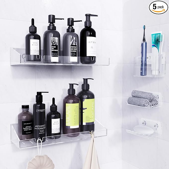 Bakzon Adhesive Shower Caddy, 5 Pack Acrylic Shower Shelves Bath Organizers With Large Capacity, No Drilling Shelves for Bathroom Storage