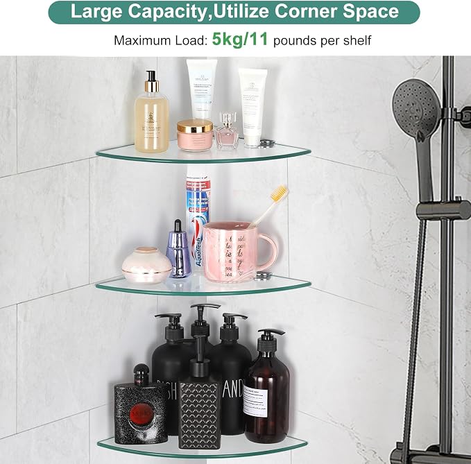 3 Pack Glass Corner Shower Shelves, Tempered Floating Glass Shelves Wall Mount, Shower Caddy Organizer, Bathroom Corner Shelf with Zinc Alloy Brackets for Bathroom, Kitchen, Living Room