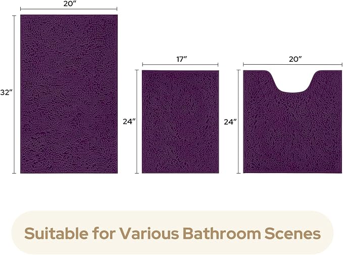 HOMEIDEAS 3 Pieces Bathroom Rugs, Ultra Soft Non Slip Absorbent Chenille Toilet Bath Mat Set (Purple)