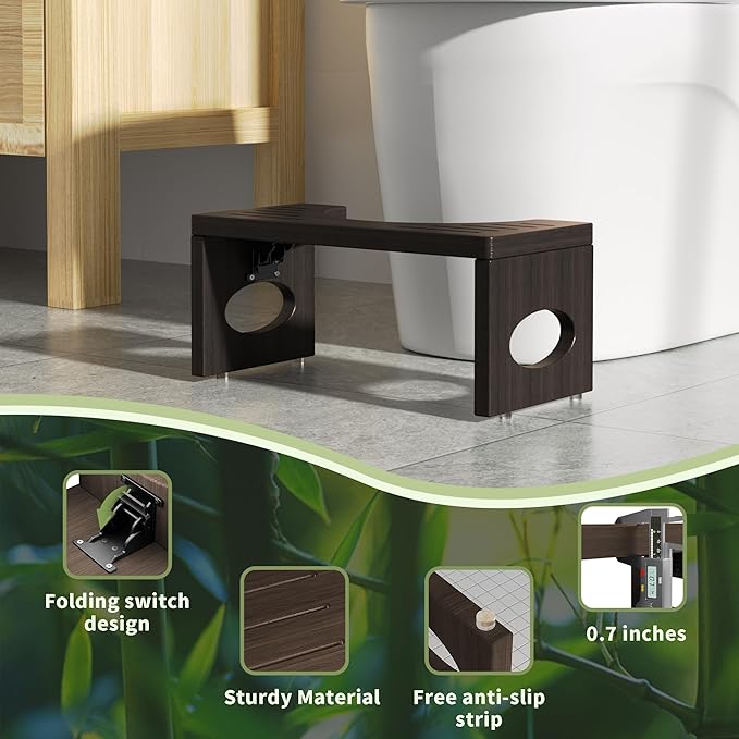 ROMGUAR CRAFT 7 Inch Bamboo Toilet Stool, Foldable Poop Stool, Bathroom Step Stool Squat (Brown)