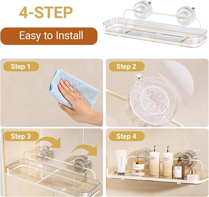 Suction Cup Shower Caddy, Wall Mounted No Drilling Bathroom Shower Organizers Storage Rack, Removable Shelves for Inside the Shower, Clear