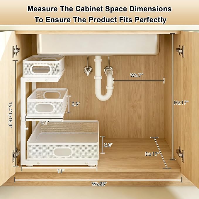 Under Sink Organizer, 2-Pack 3-tier Under Sink Storage Organizer Adjustable Height Easy Assembly Pull Out Cabinet Organizers Basket for Bathroom Kitchen Pantry Home Organization