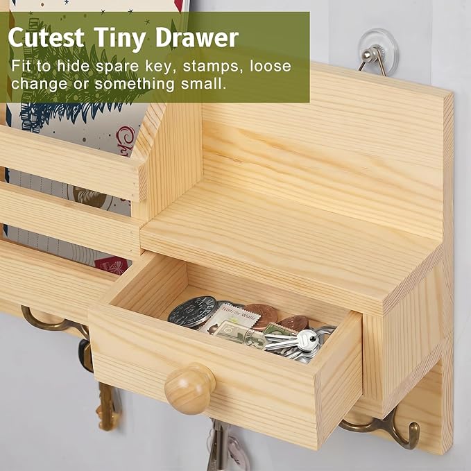 Key Holder Wall Mount, Wooden Adhesive Mail and Key Organizer with Drawer, Small Shelf, 8 Hooks, 2 Installation Methods, Natural