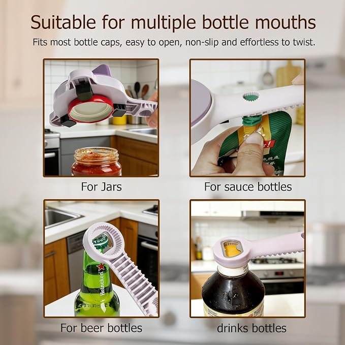 4-in-1 Jar Opener, Adjustable Jar Opener for Seniors, Kitchen Tool Designed Specifically for Seniors and Those with Limited Physical Strength, Suitable For Beer, Salad Dressing, Jar (Purple)