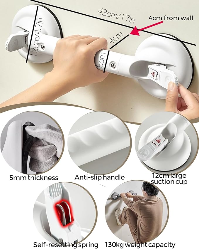 Heavy Duty Grab Bars for Bathtubs and Showers, 300-pound Weight Capacity, 17in Suction Shower Grab Bars for Seniors, No Drilling Waterproof(White)