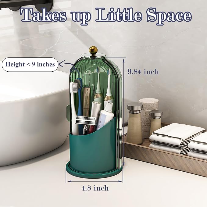 Toothbrush and Toothpaste Holders with Cover, All Green | Waterproof and Dustproof, 360° Rotating Base, Smooth Sliding Door, 3 Slots, for Bathroom Countertop