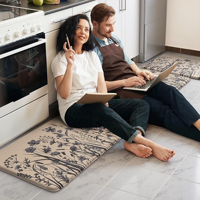 KIMODE Kitchen Anti Fatigue Mats, Farmhouse Kitchen Rugs Sets of 2, Memory Foam Kitchen Mats for Floor, Waterproof Standing Mat for Sink, Laundry, Office, Desk Brown/Gray 17"x59"+17"x29"